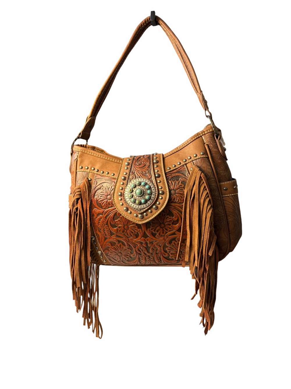 Trinity Ranch Tooled Leather Brown Purse Turquoise Stones Fringe Zippered Pocket